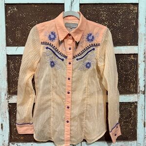 Double D Ranch Peach Blouse with Purple Accents